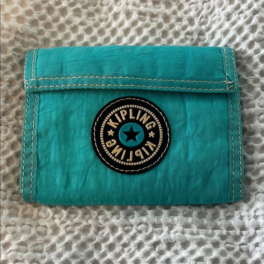 Kipling Teal Nylon Trifold Wallet with Logo Patch